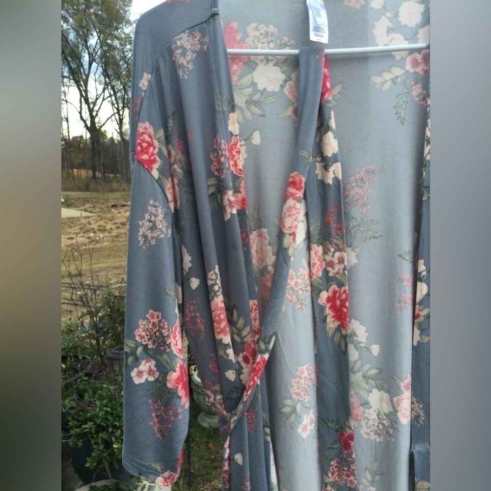 Flora womens Short wrap robe S Small charmeuse floral romantic spa Jersey blue - Picture 4 of 13